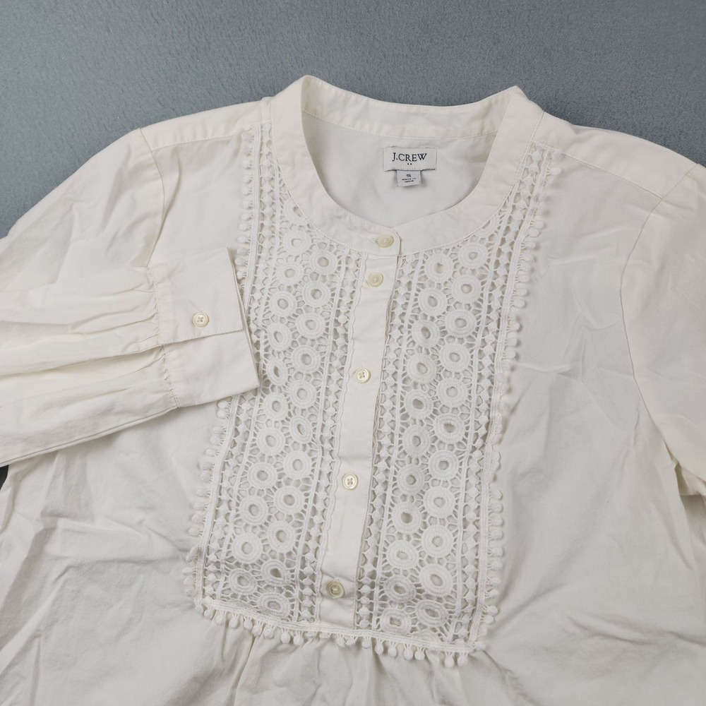 J Crew Blouse Womens Small White Lace Bib Long Sleeve Boho Peasant Top Cotton